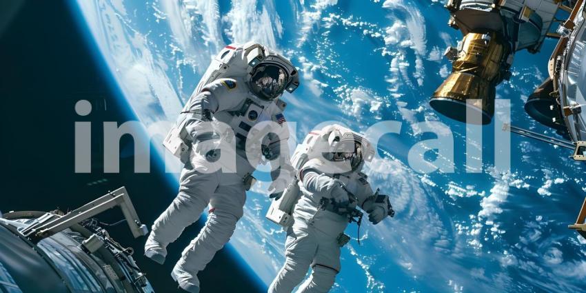 Team of astronauts in a space suits aboard the orbital station background - Ai Generated
