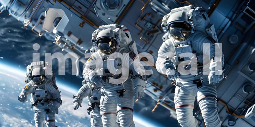 Team of astronauts in a space suits aboard the orbital station background - Ai Generated