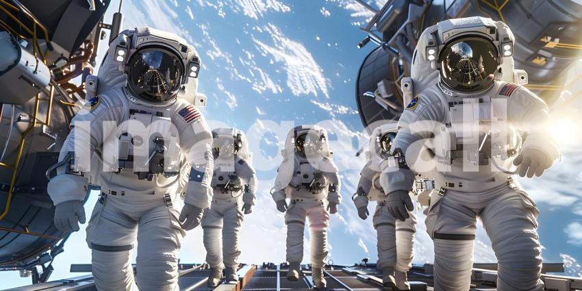 Team of astronauts in a space suits aboard the orbital station background - Ai Generated