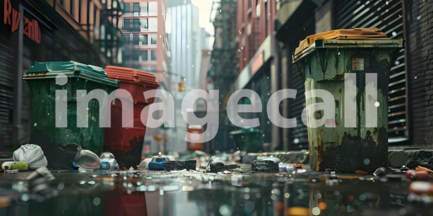 Trash cans polluting a street in the city background - Ai Generated