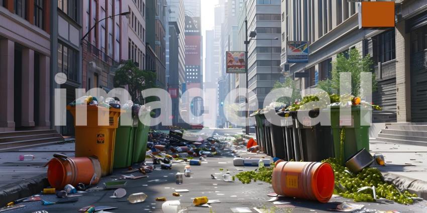 Trash cans polluting a street in the city background - Ai Generated