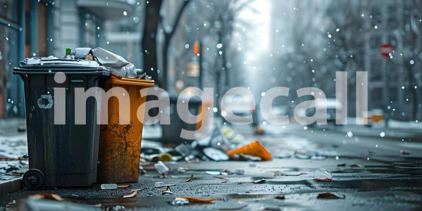 Trash cans polluting a street in the city background - Ai Generated
