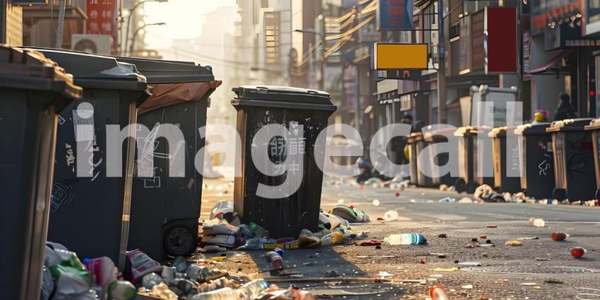 Trash cans polluting a street in the city background - Ai Generated
