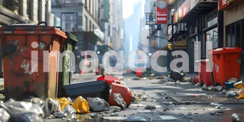 Trash cans polluting a street in the city background - Ai Generated