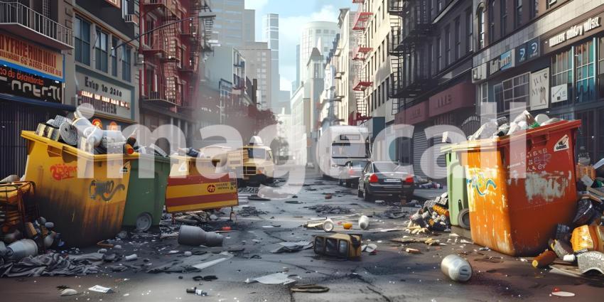 Trash cans polluting a street in the city background - Ai Generated