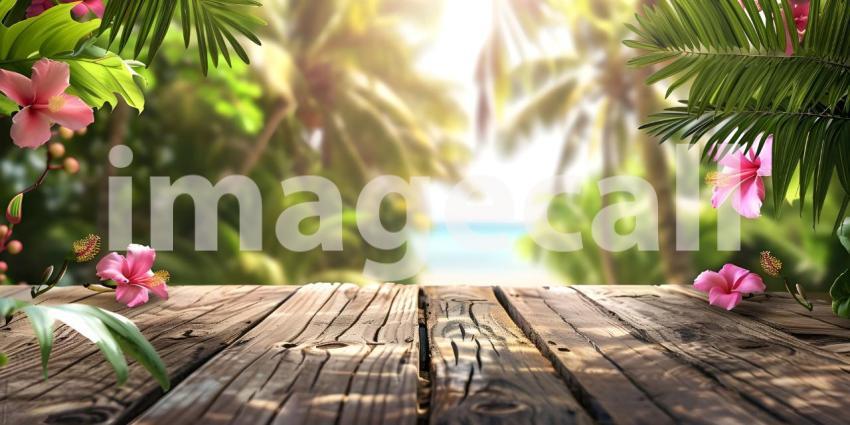 Tropical background wooden table background - Ai Generated