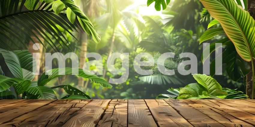 Tropical background wooden table background - Ai Generated