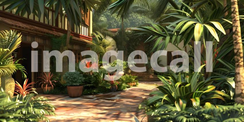 Tropical house with many plants background - Ai Generated