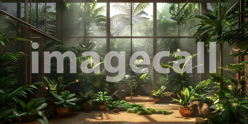 Tropical house with many plants background - Ai Generated