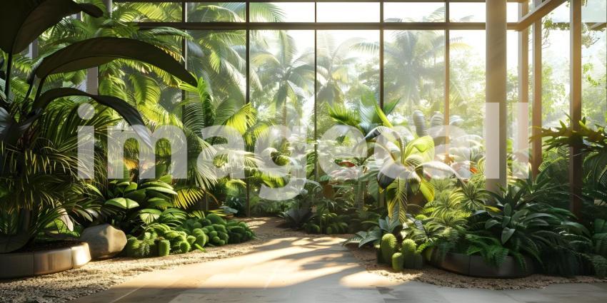 Tropical house with many plants background - Ai Generated