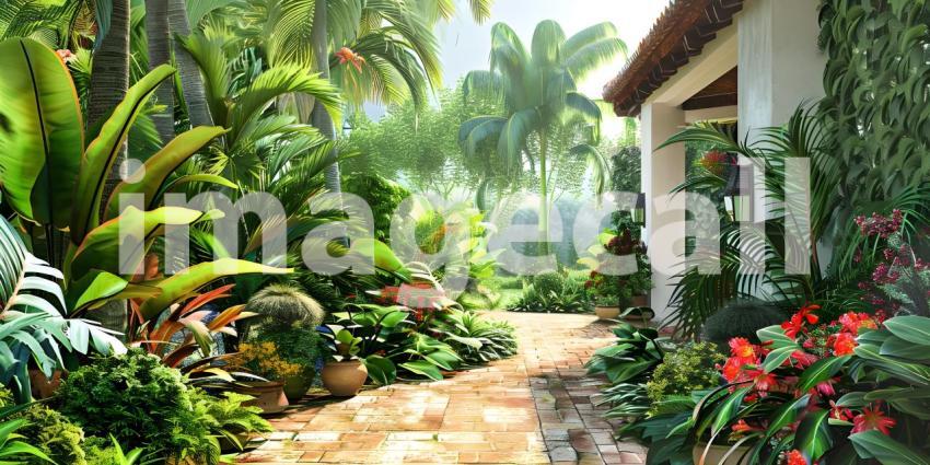 Tropical house with many plants background - Ai Generated