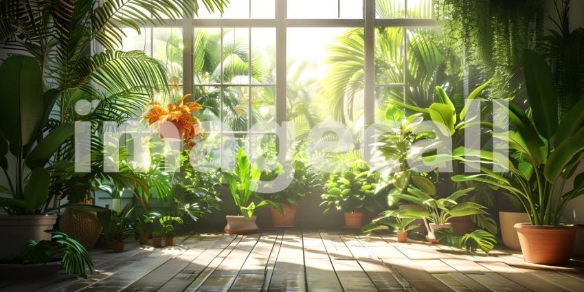 Tropical house with many plants background - Ai Generated