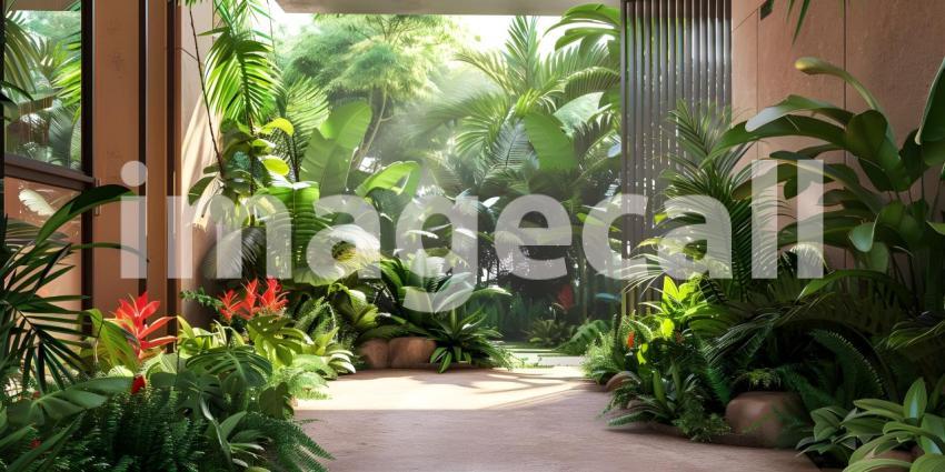 Tropical house with many plants background - Ai Generated