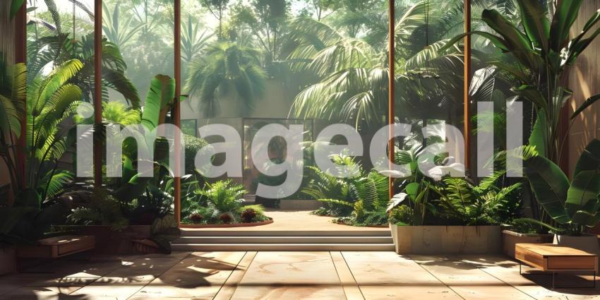 Tropical house with many plants background - Ai Generated