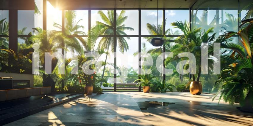 Tropical house with many plants background - Ai Generated
