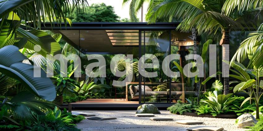 Tropical house with many plants background - Ai Generated