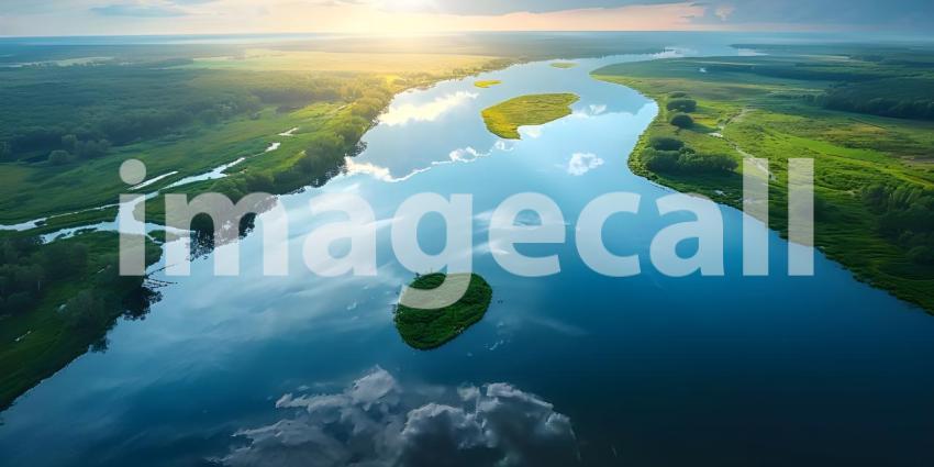 Sky Reflected in River: Aerial View Background, Background of River Reflecting Sky in Aerial View - Ai Generated