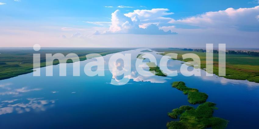Sky Reflected in River: Aerial View Background, Background of River Reflecting Sky in Aerial View - Ai Generated