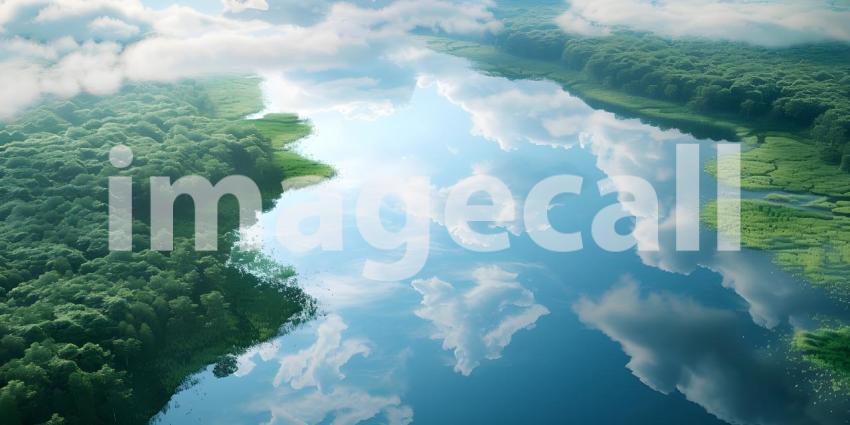 Sky Reflected in River: Aerial View Background, Background of River Reflecting Sky in Aerial View - Ai Generated