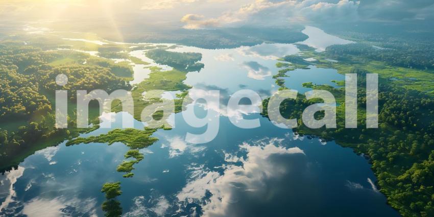 Sky Reflected in River: Aerial View Background, Background of River Reflecting Sky in Aerial View - Ai Generated