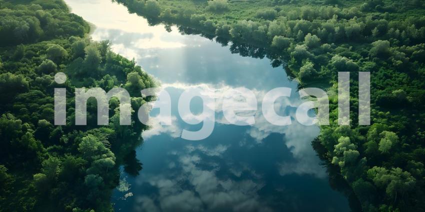 Sky Reflected in River: Aerial View Background, Background of River Reflecting Sky in Aerial View - Ai Generated