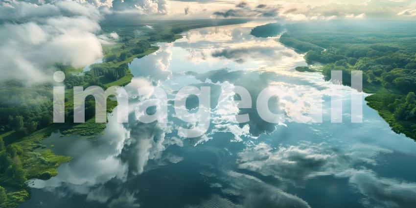 Sky Reflected in River: Aerial View Background, Background of River Reflecting Sky in Aerial View - Ai Generated