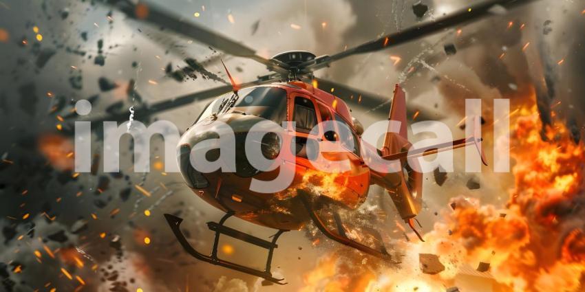 Helicopter Crash with Burning Wreckage Background, Fiery Helicopter Crash and Falling Debris Background - Ai Generated