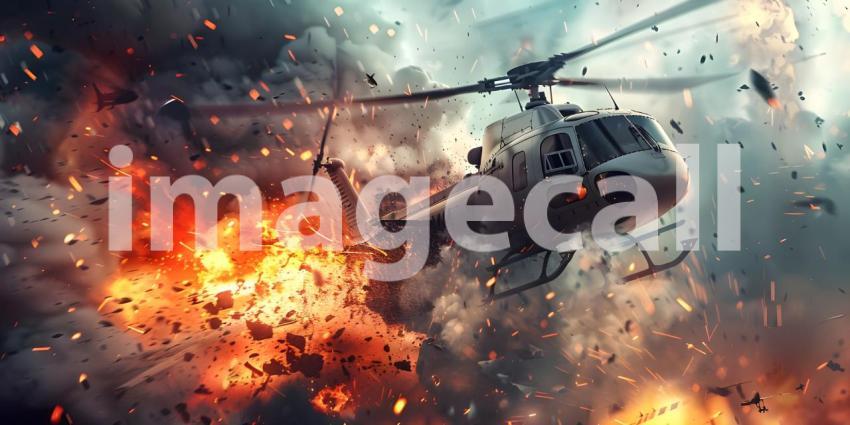 Helicopter Crash with Burning Wreckage Background, Fiery Helicopter Crash and Falling Debris Background - Ai Generated