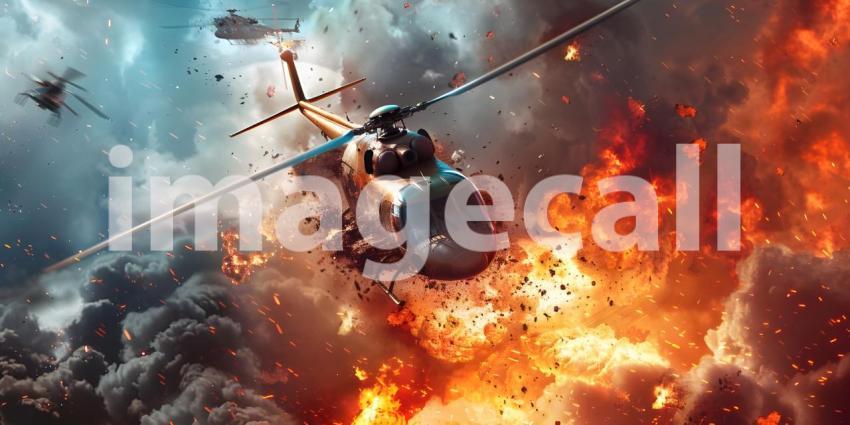Helicopter Crash with Burning Wreckage Background, Fiery Helicopter Crash and Falling Debris Background - Ai Generated