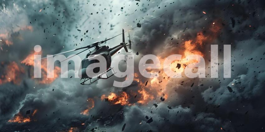Helicopter Crash with Burning Wreckage Background, Fiery Helicopter Crash and Falling Debris Background - Ai Generated