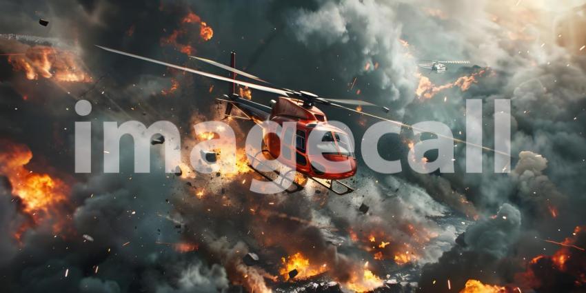 Helicopter Crash with Burning Wreckage Background, Fiery Helicopter Crash and Falling Debris Background - Ai Generated