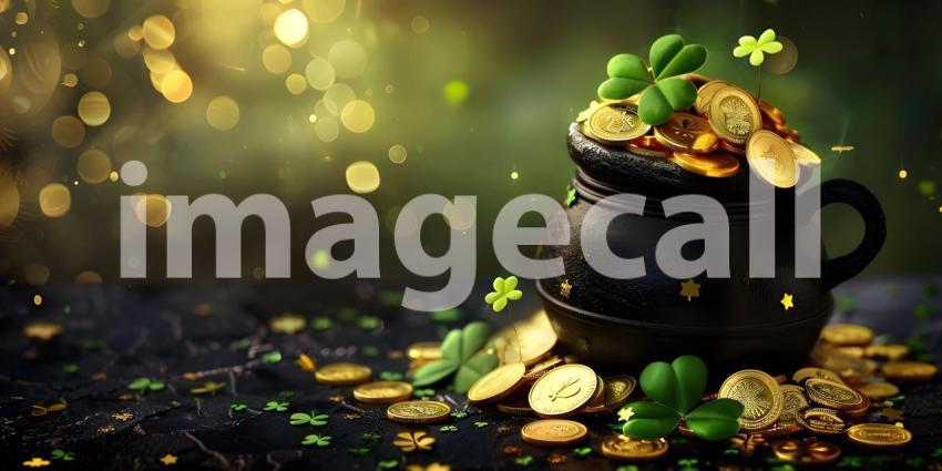 Black pot full of gold coins and shamrock leaves St. Patrick's day background - Ai Generated