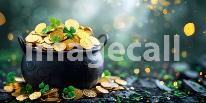 Black pot full of gold coins and shamrock leaves St. Patrick's day background - Ai Generated