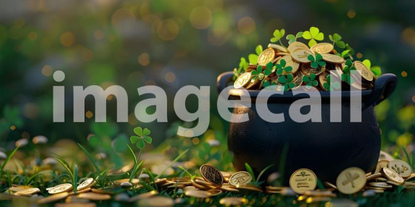 Black pot full of gold coins and shamrock leaves St. Patrick's day background - Ai Generated