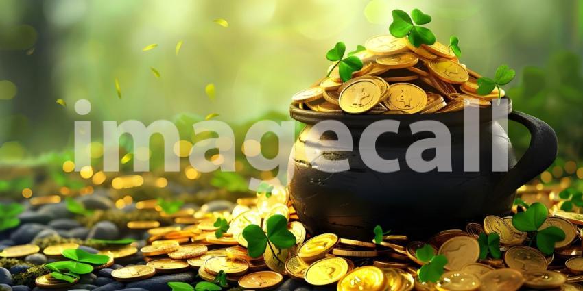 Black pot full of gold coins and shamrock leaves St. Patrick's day background - Ai Generated