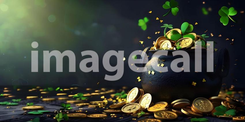 Black pot full of gold coins and shamrock leaves St. Patrick's day background - Ai Generated