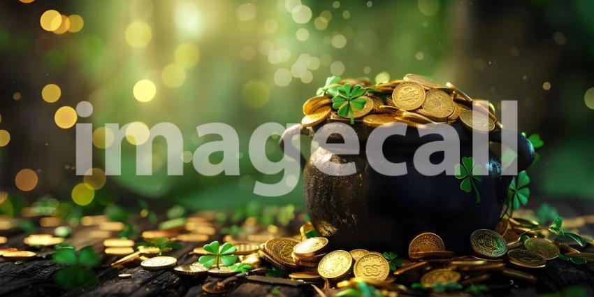 Black pot full of gold coins and shamrock leaves St. Patrick's day background - Ai Generated
