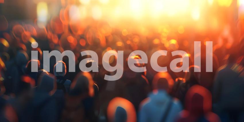 Blurred crowd of unrecognizable at the street at sunset background - Ai Generated