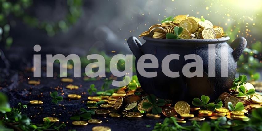 Black pot full of gold coins and shamrock leaves St. Patrick's day background - Ai Generated