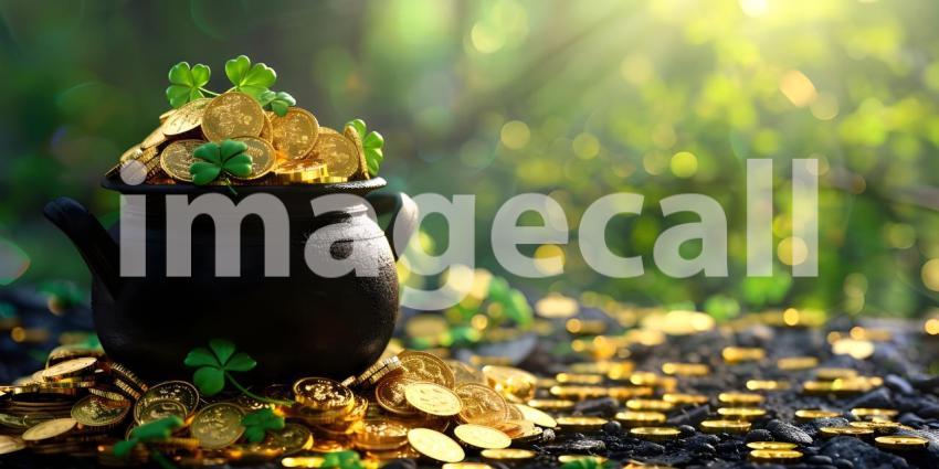 Black pot full of gold coins and shamrock leaves St. Patrick's day background - Ai Generated