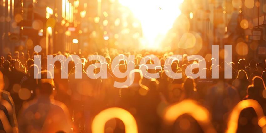 Blurred crowd of unrecognizable at the street at sunset background - Ai Generated