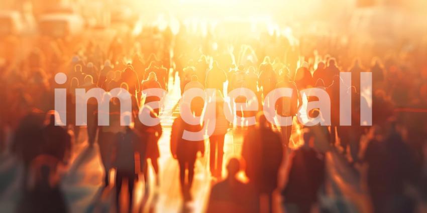 Blurred crowd of unrecognizable at the street at sunset background - Ai Generated