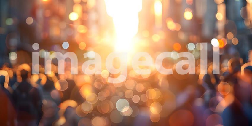 Blurred crowd of unrecognizable at the street at sunset background - Ai Generated
