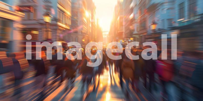 Blurred crowd of unrecognizable at the street at sunset background - Ai Generated