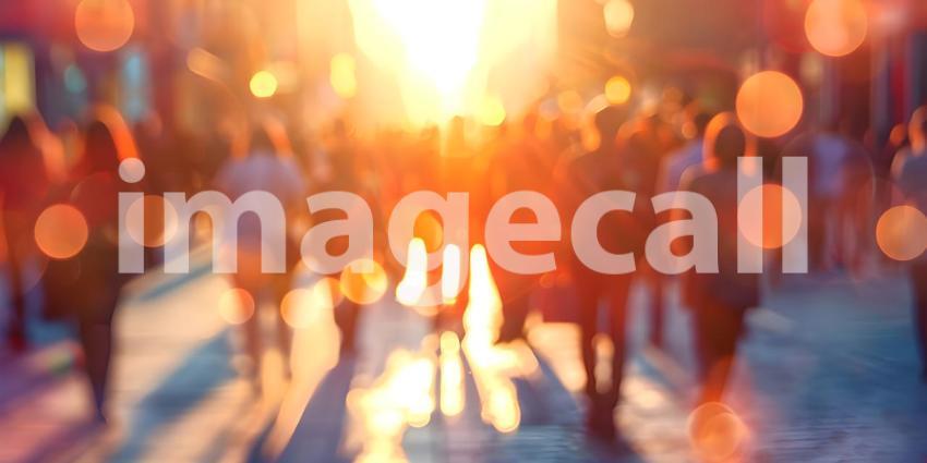 Blurred crowd of unrecognizable at the street at sunset background - Ai Generated