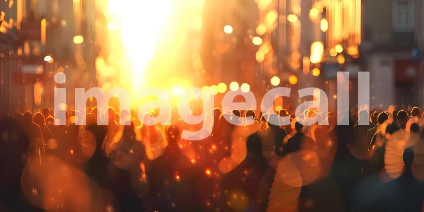 Blurred crowd of unrecognizable at the street at sunset background - Ai Generated