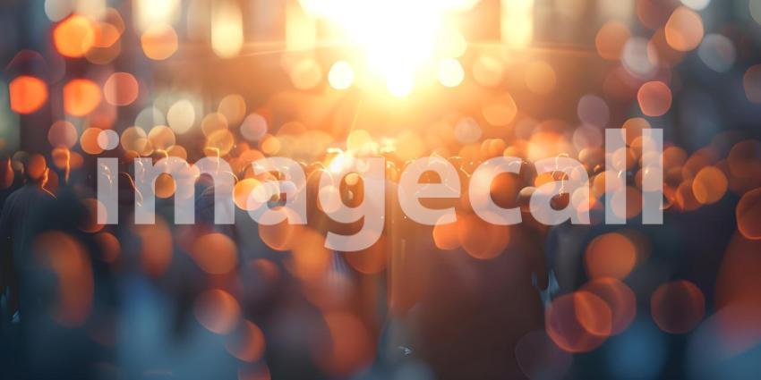 Blurred crowd of unrecognizable at the street at sunset background - Ai Generated