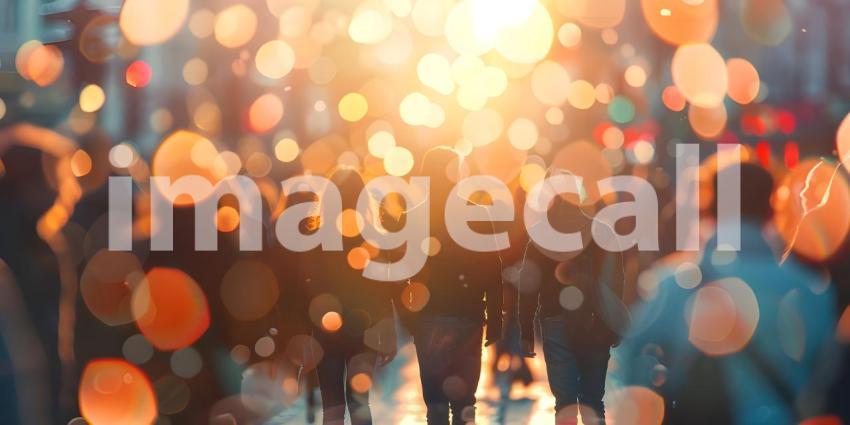 Blurred crowd of unrecognizable at the street at sunset background - Ai Generated