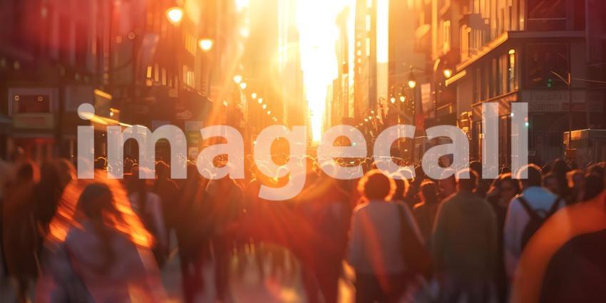 Blurred crowd of unrecognizable at the street at sunset background - Ai Generated