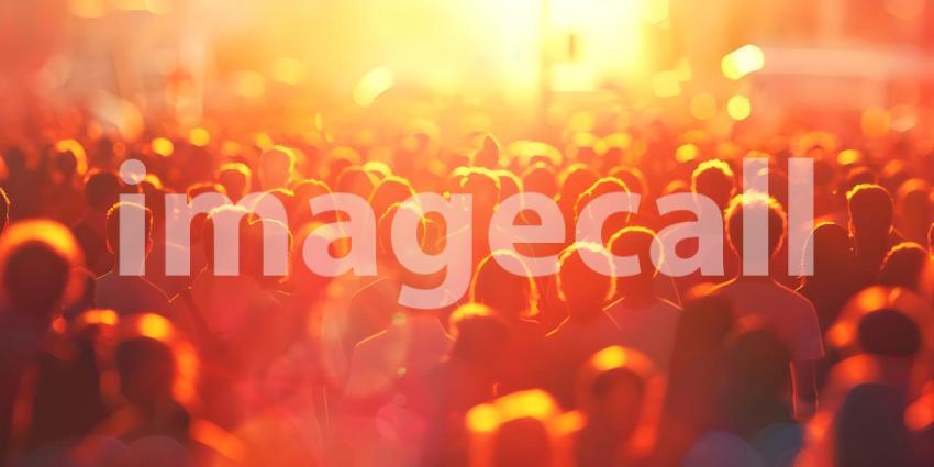 Blurred crowd of unrecognizable at the street at sunset background - Ai Generated